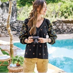 Sundance Women’s Discover Beauty Black Top with Colorful Embroidery